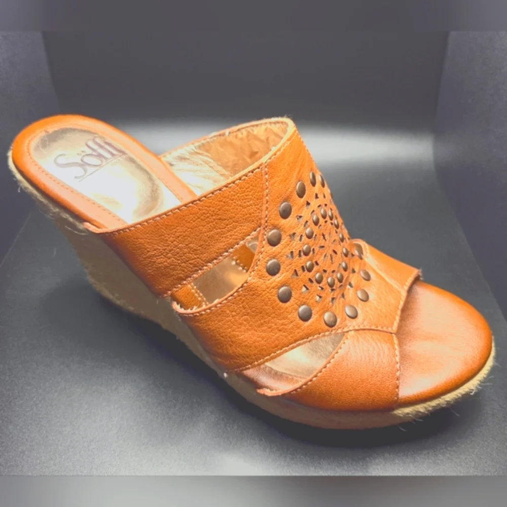 Söfft Leather Studded Cutout Espadrille Wedge Mule Sandals 6.5M Cognac